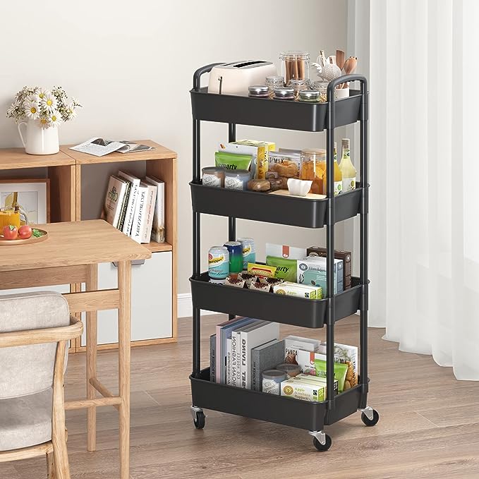 4-Tier Plastic Rolling Utility Cart .Movable Storage Organizer with Wheels