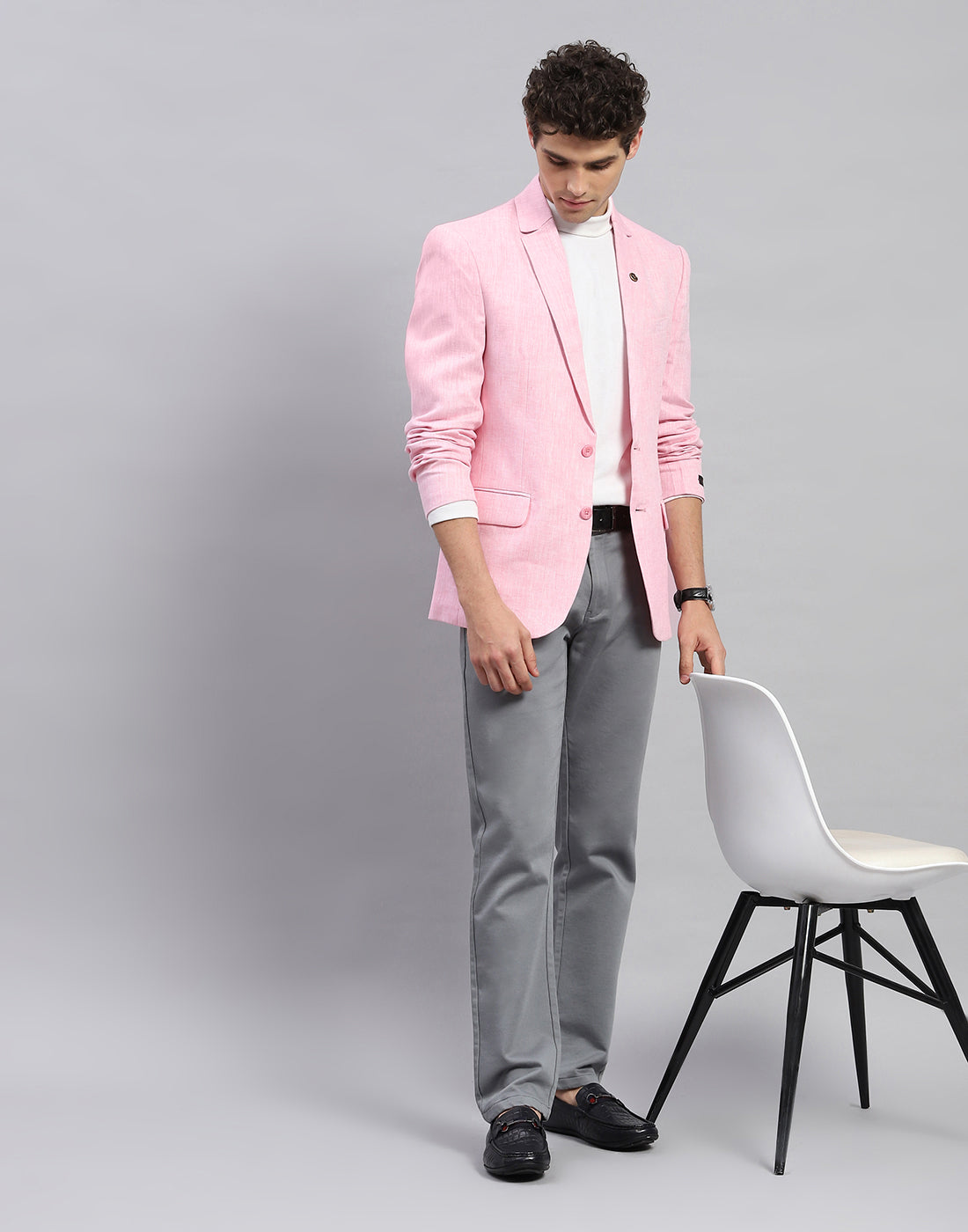 Men Pink Solid Notch Lapel Collar Full Sleeve Blazer