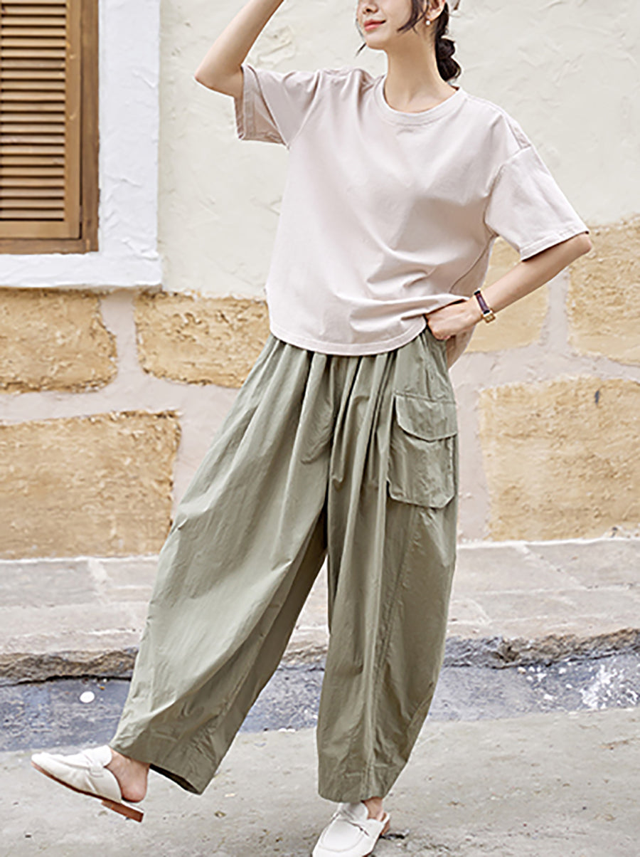 Women Summer Pure Color Cotton Linen Spliced Shirt
