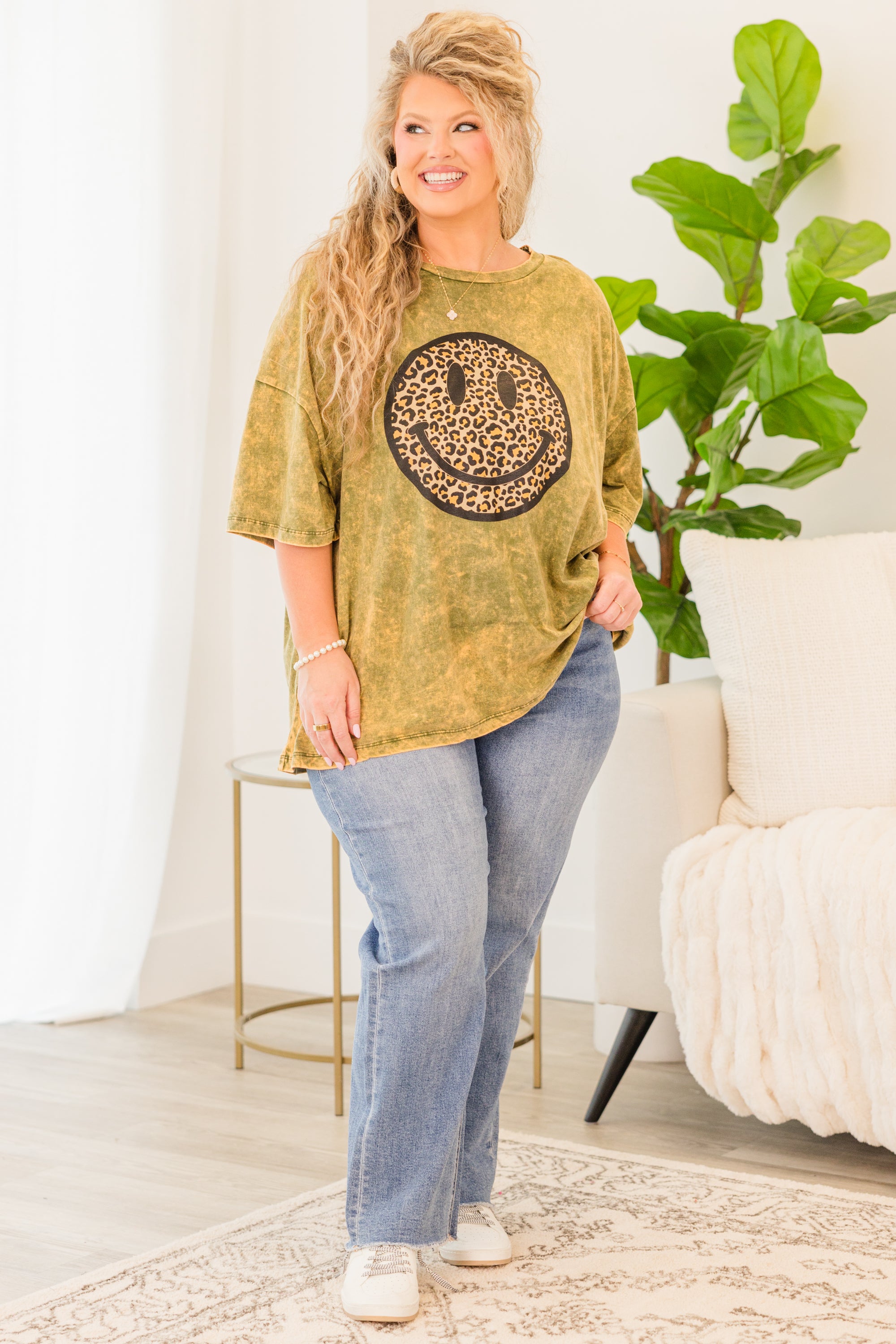 Smiley Face Acid Wash Boyfriend Tee. Golden Olive