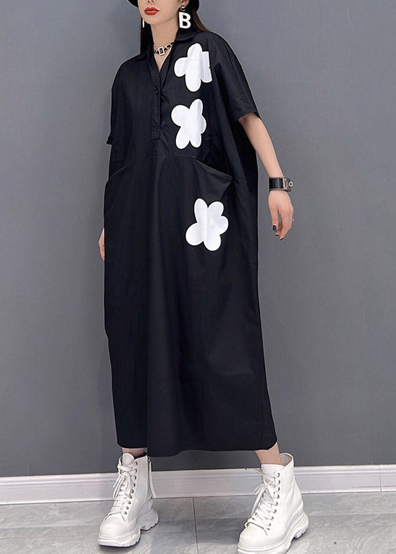 Black Floral Patchwork Pockets Button Cotton Dress Short Sleeve Summer