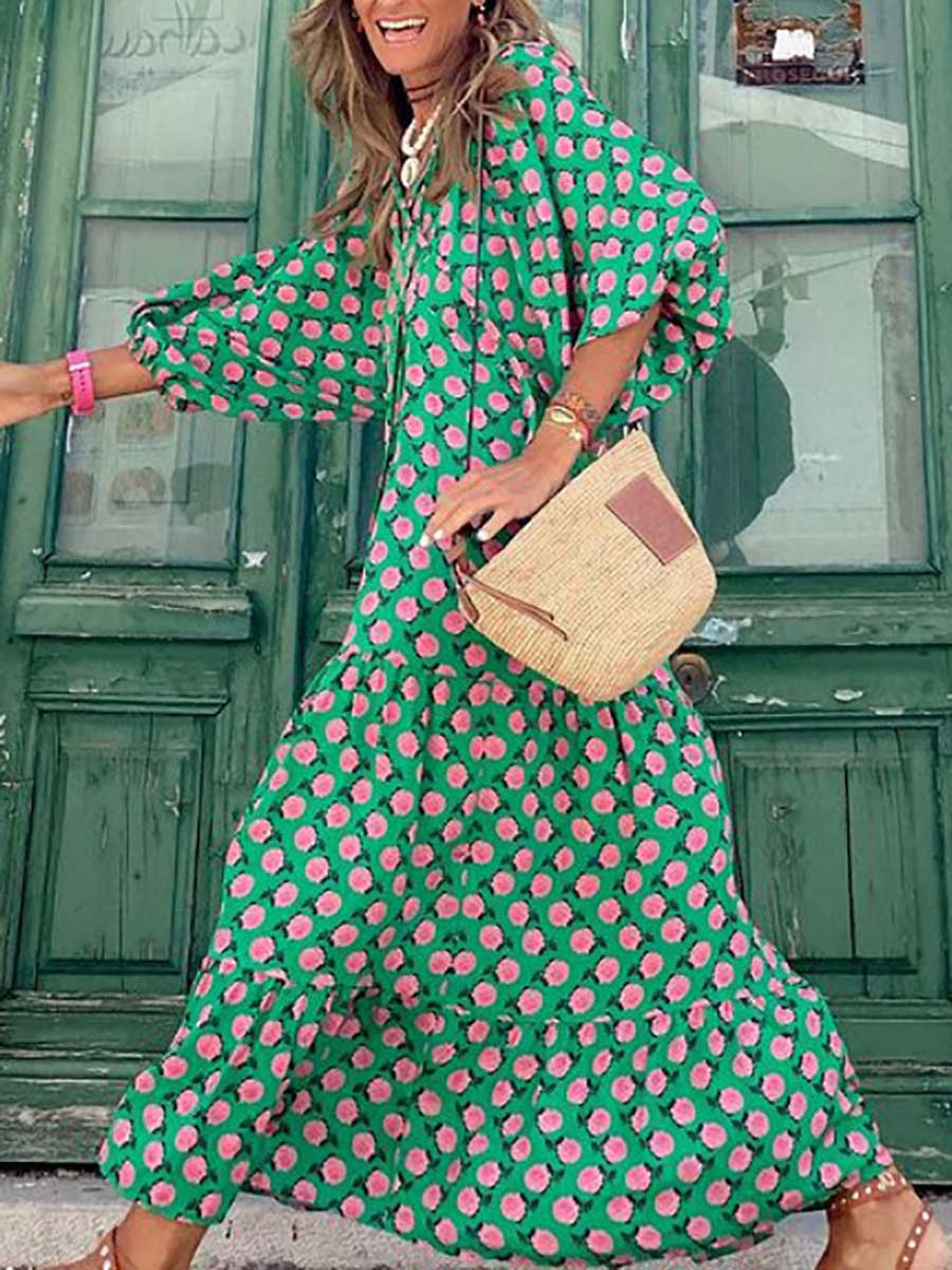 Printed Bubble Sleeve Dress