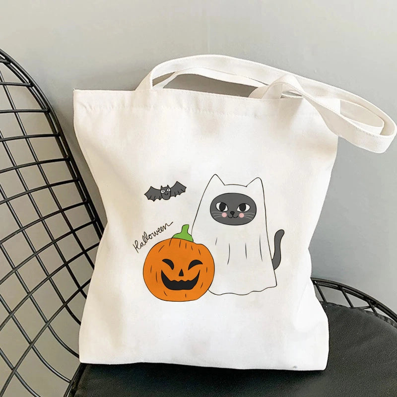 Halloween Unisex Canvas Animal Pumpkin Letter Streetwear Square Open Shoulder Bag Canvas Bag