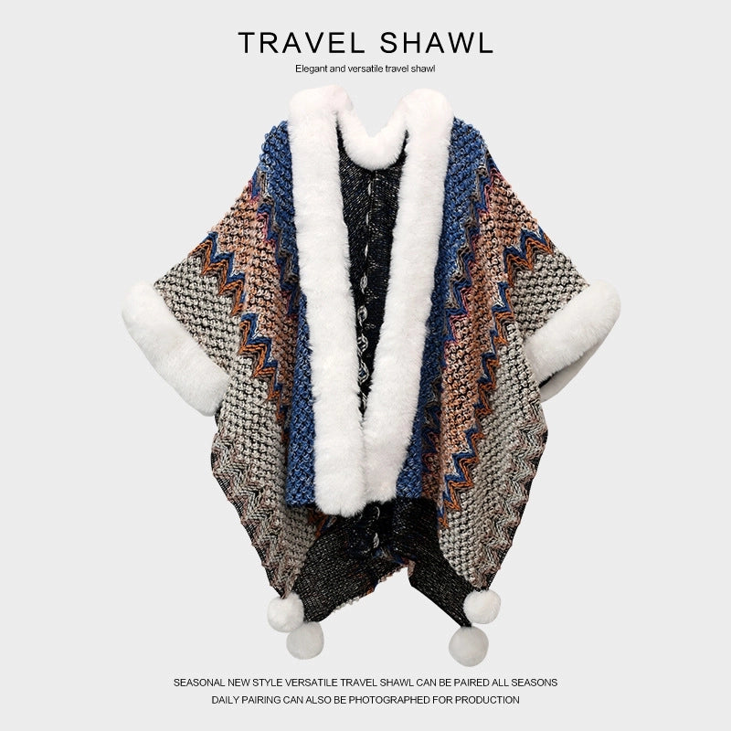 Women's Retro Multicolor Knit Patchwork Shawl