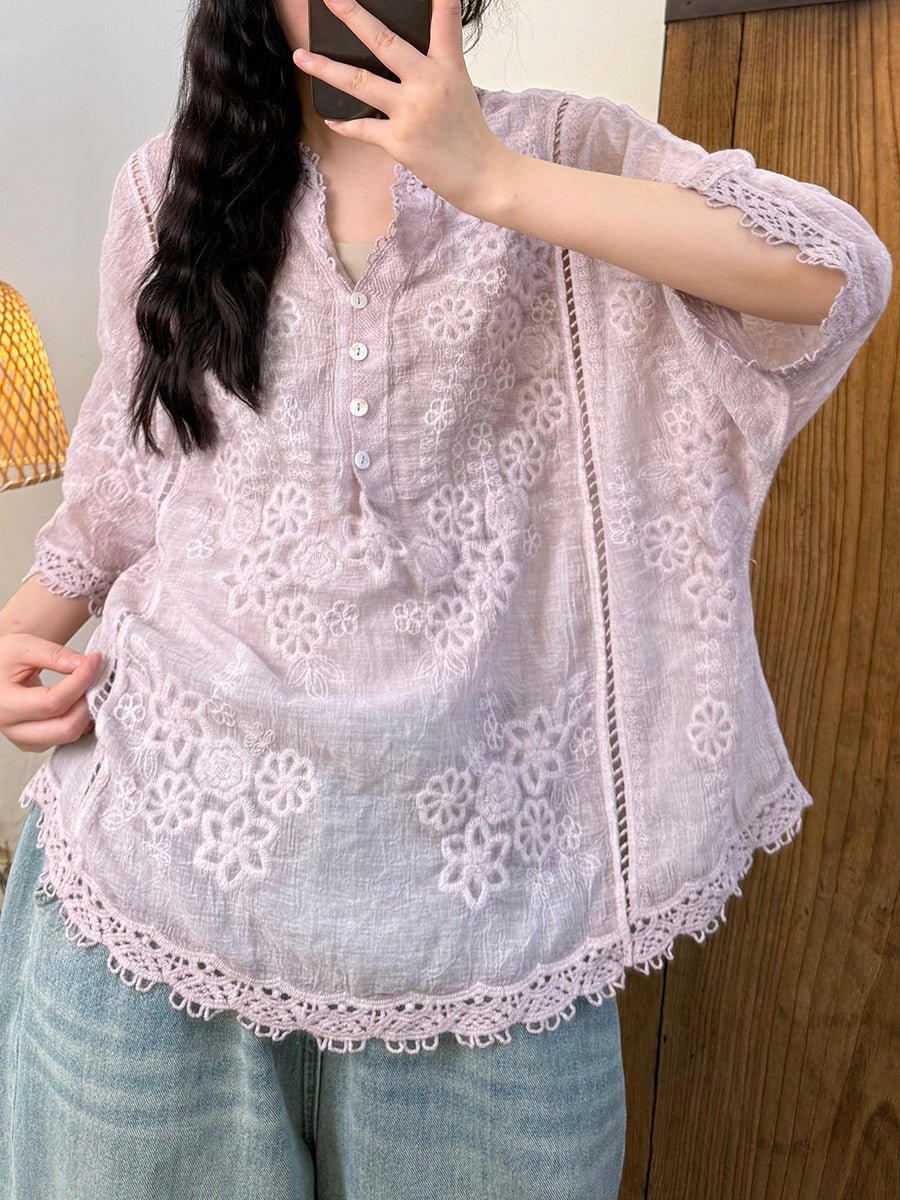 Women Summer Artsy Embroidery Flower Ramie V-Neck Shirt