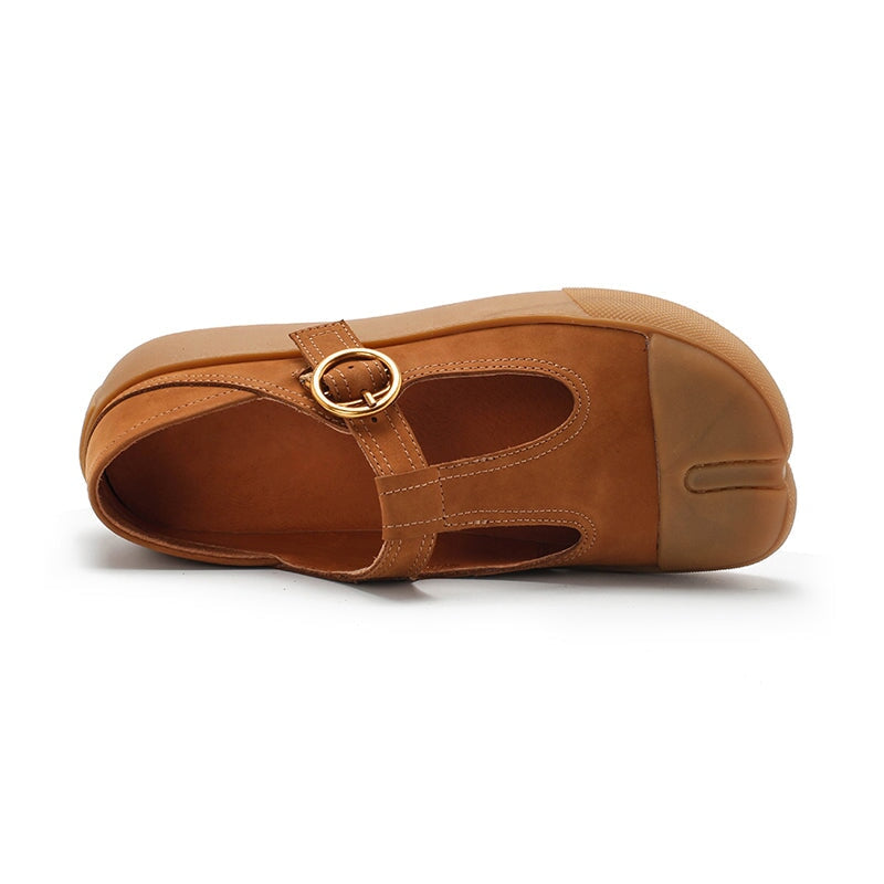 Retro Leather Flat T Strap Mary Jane Shoes For Women Round Toe Khaki/Brown/Yellow/Cameo Brown