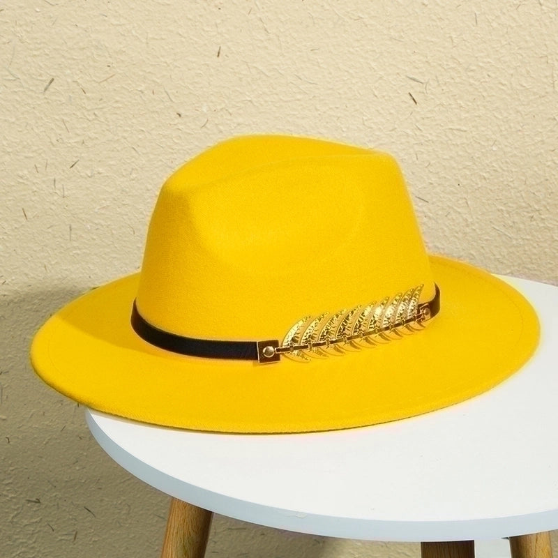 Unisex Retro Classic Style Leaves Solid Color Belt Buckle Wide Eaves Fedora Hat