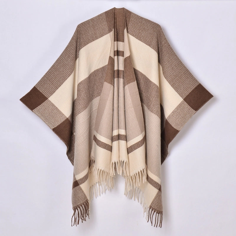 New Tassel Split Shawl Autumn And Winter Women's Simple Plaid Jacquard Scarf Cloak Hot Selling