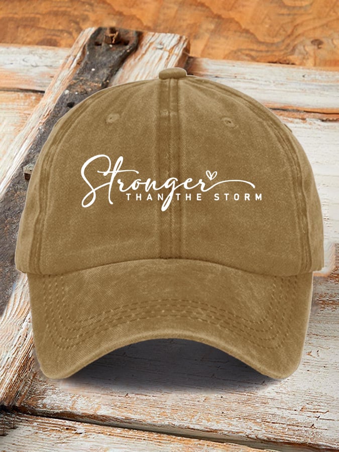 Unisex Distressed Washed Cotton 'stronger Than The Storm' Printed Hat