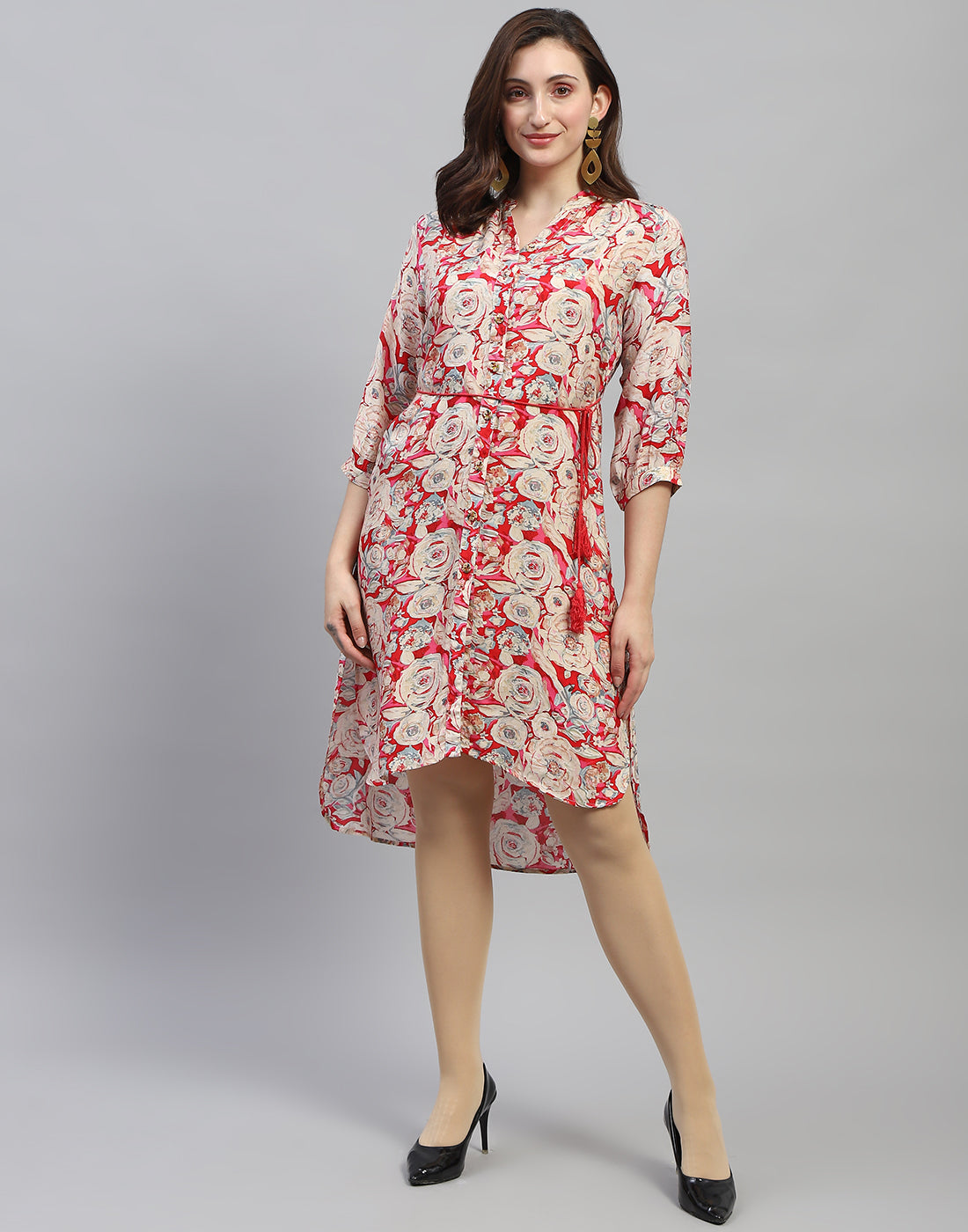 Women Red Floral Print V Neck 3/4 Sleeve Dress