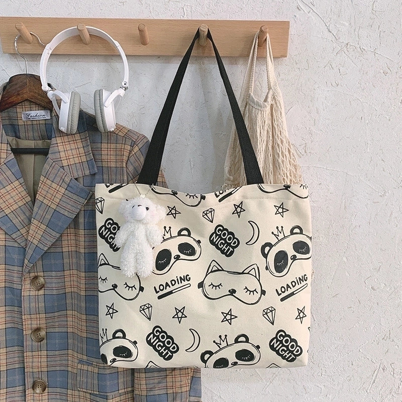 Women's Large Canvas Animal Cartoon Cute Zipper Tote Bag