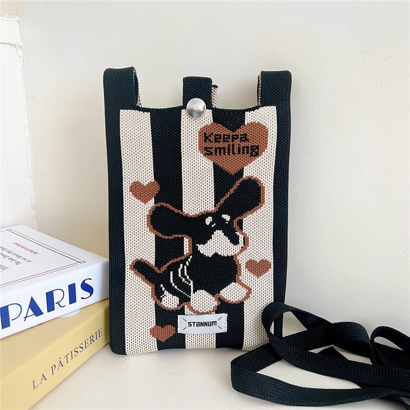 Women's Small Knit Cartoon Cute Bucket Lock Clasp Phone Wallets