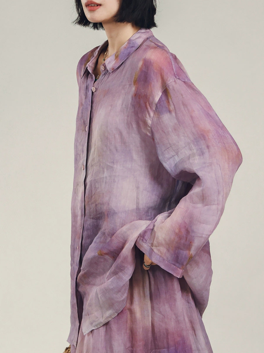 Women Summer Artsy Tie-dye Turn-down Collar 100%Ramie Shirt