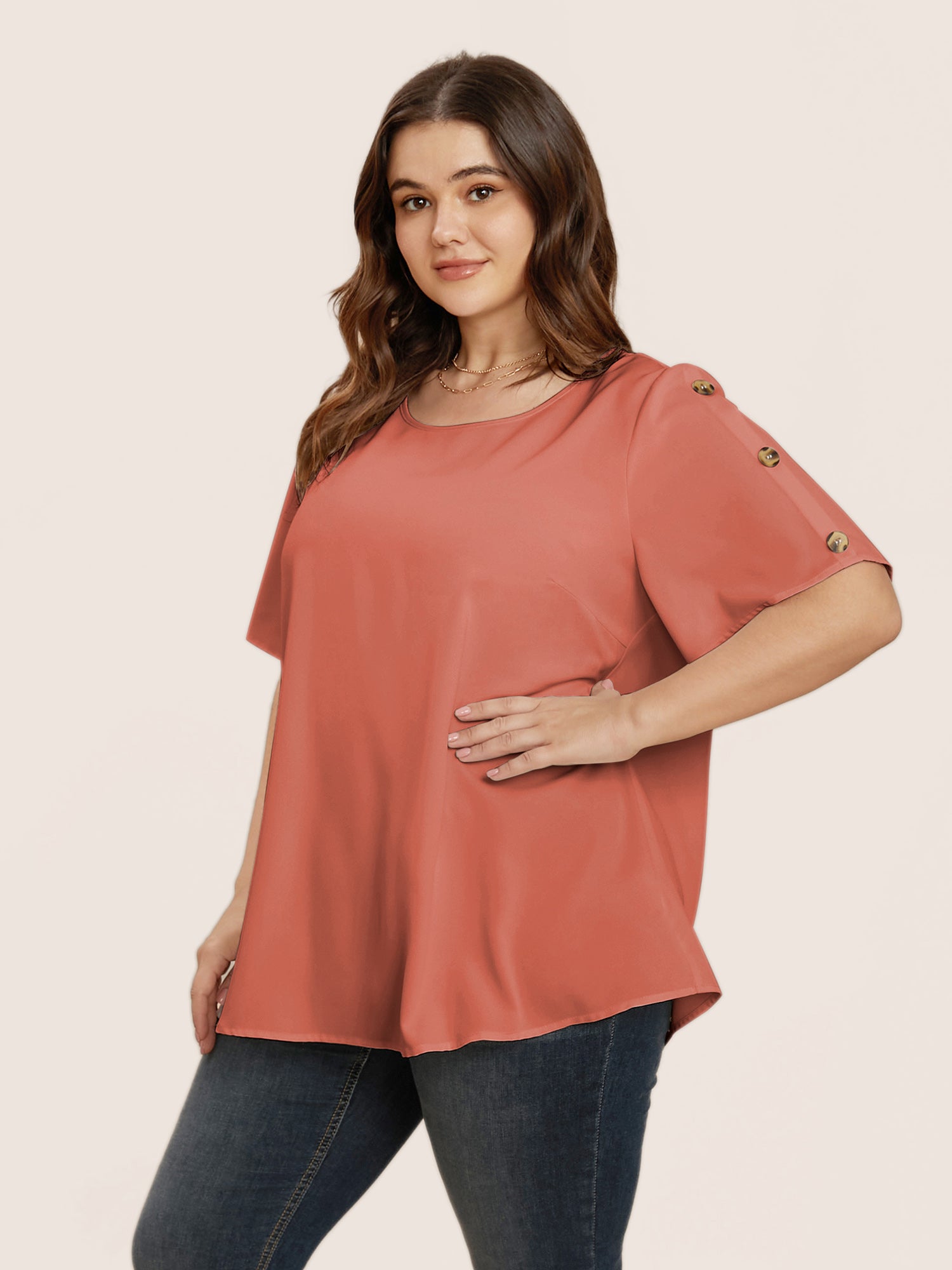Plain Round Neck Button Detail Blouse