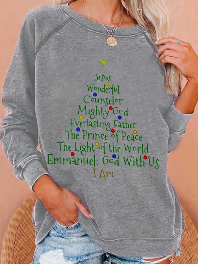 Women's Christmas Tree Jesus God Is With Us Print Casual Sweatshirt