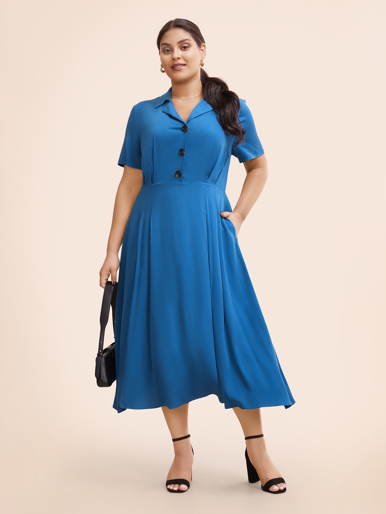 Plain Shirt Collar Pleated Midi Dress