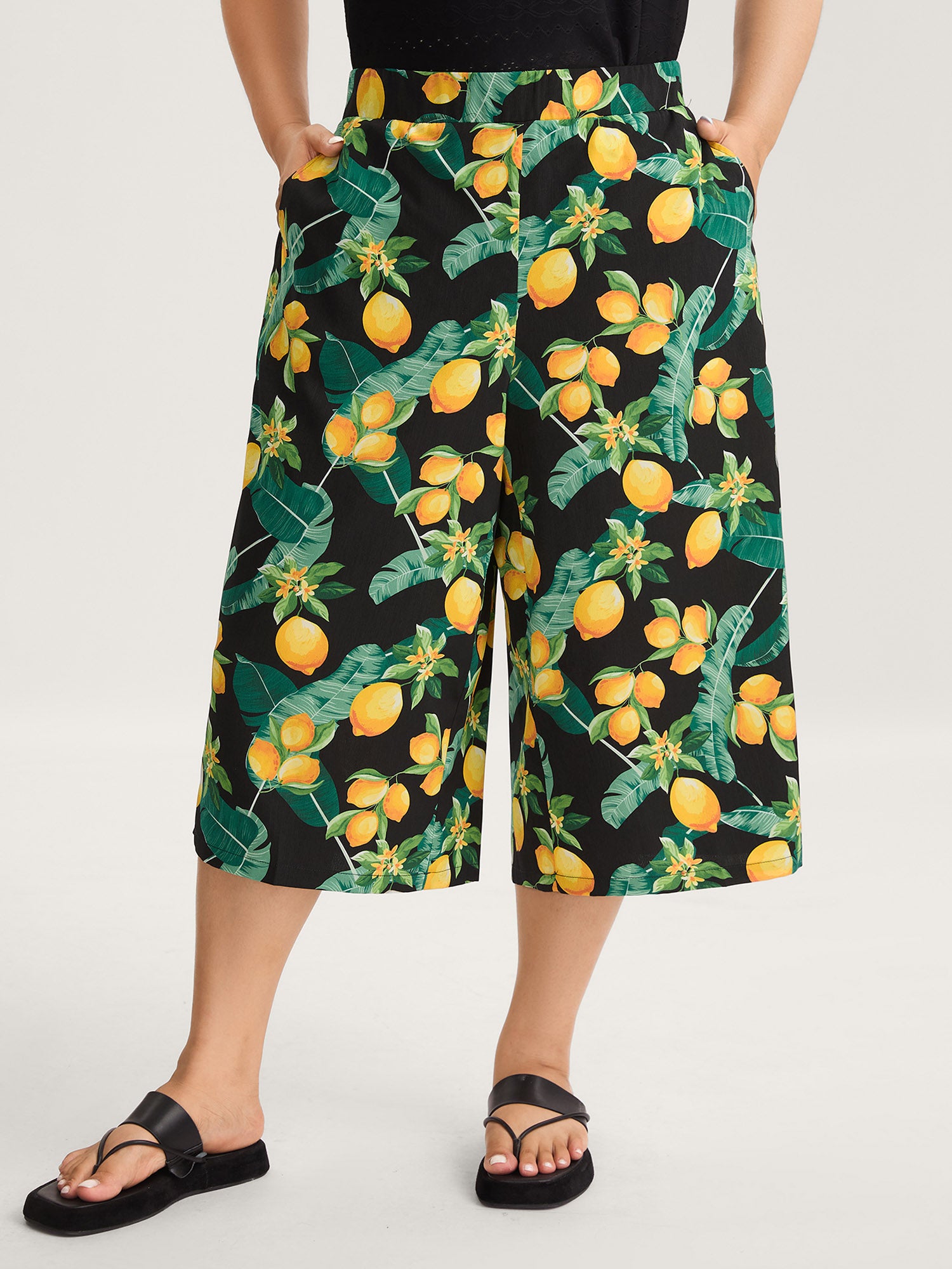 Citrus Print Wide-Leg Pants