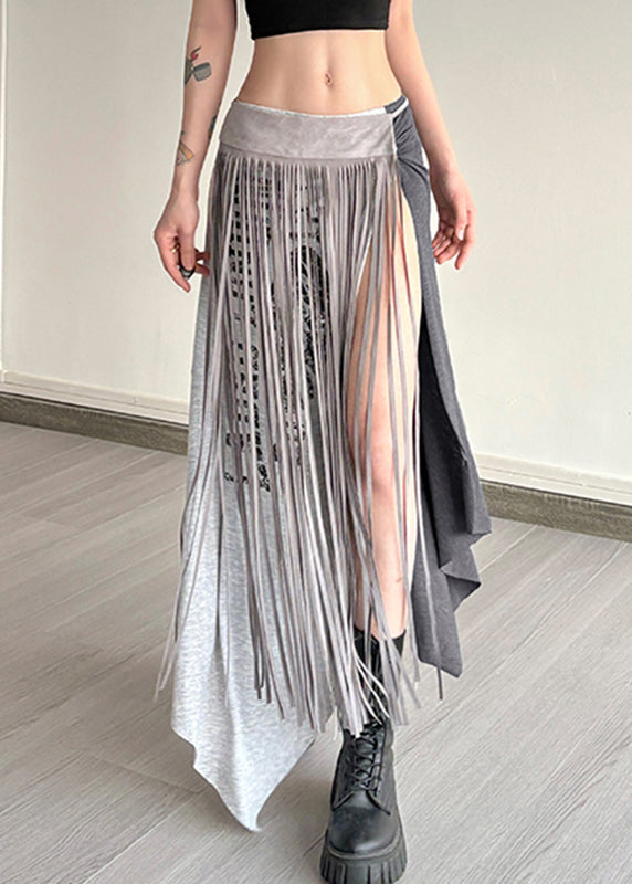Casual Grey Asymmetrical Graphic Wrinkled Tassel Maxi Skirts Summer