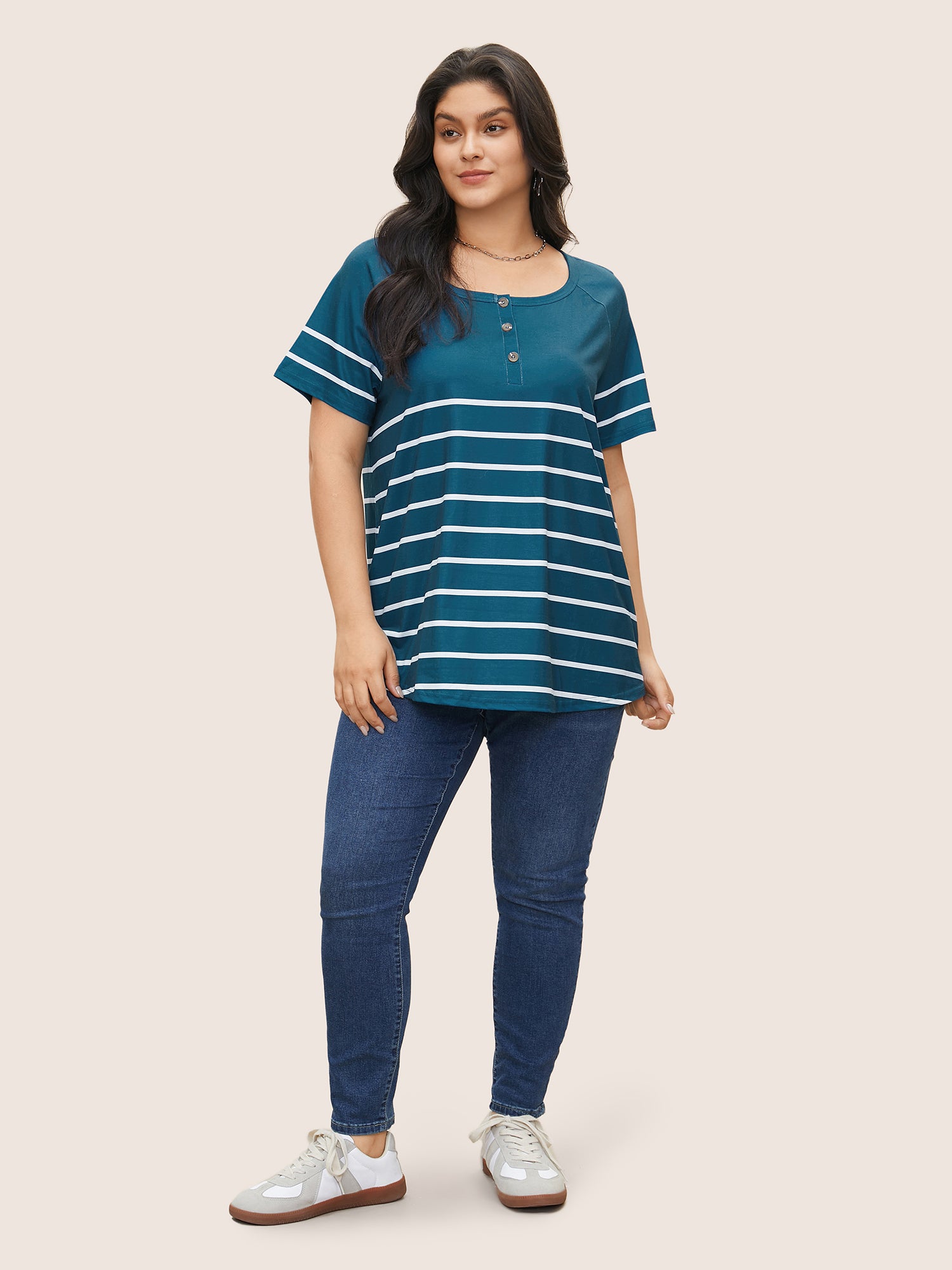 Striped Print Raglan Sleeve Button Up T-shirt