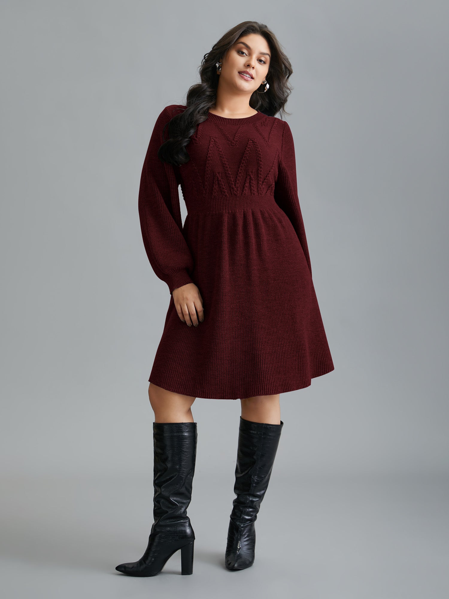 Cable Knit Elastic Waist Midi Sweater Dress