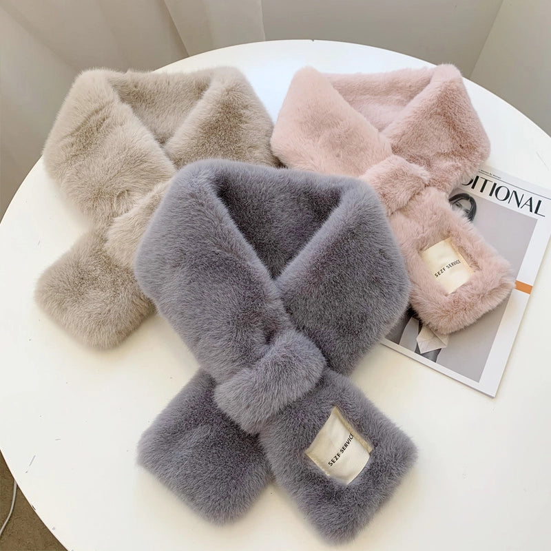 White Logo Plush Collar Scarf For Women Autumn And Winter  Warm Fashion All-match Cross Scarf
