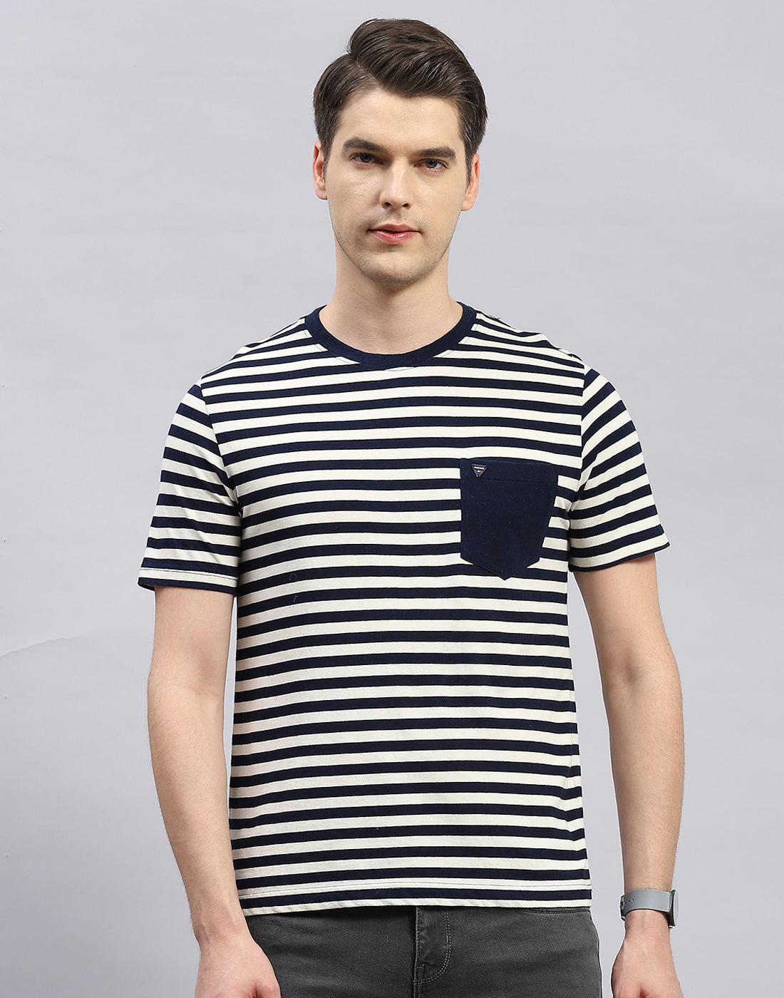 Men Navy Blue Stripe Polo Collar Half Sleeve T-Shirt