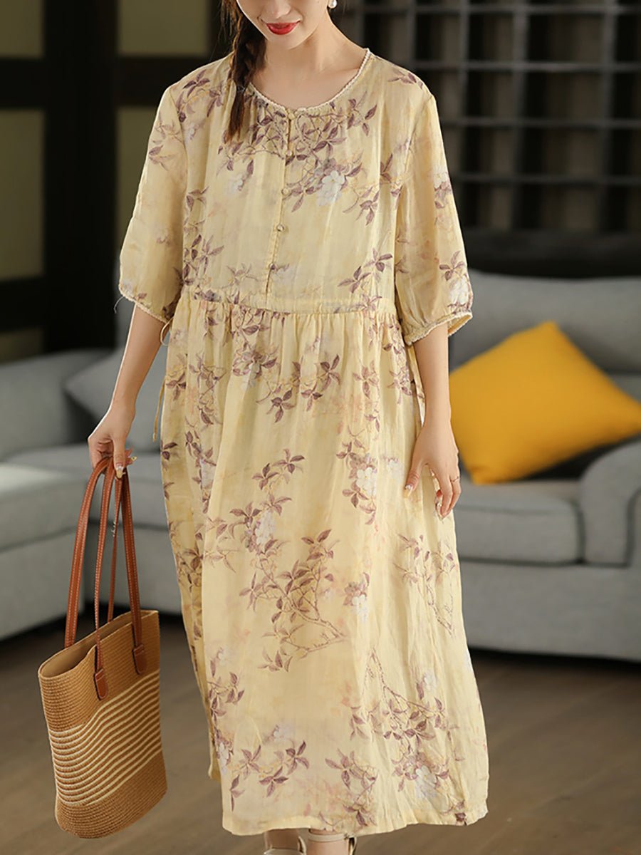 Women Summer Artsy Flower O-Neck 100%Ramie Dress