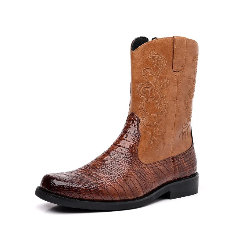 Men's British Style Embroidered Mid-Calf Riding Boots - Leather Look