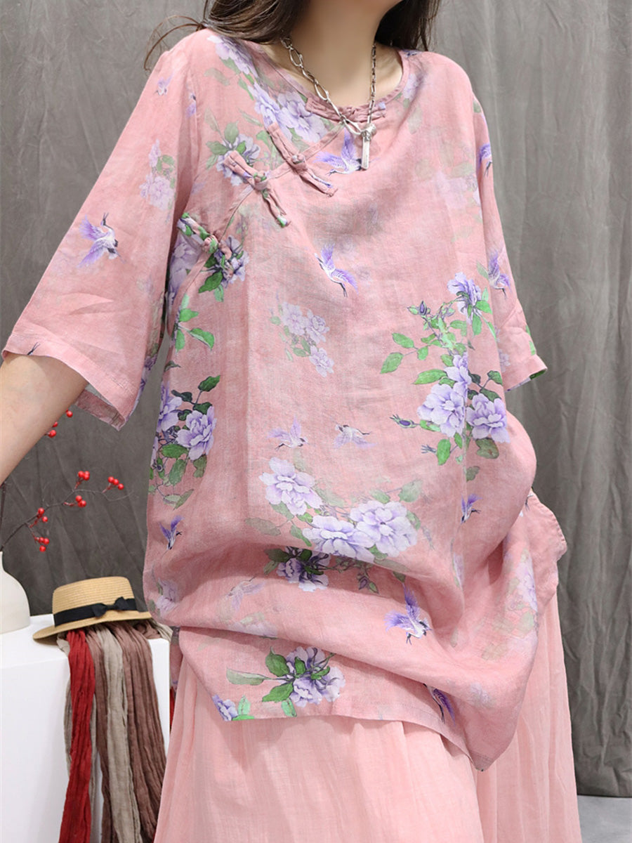 Women Summer Retro Flower O-Neck 100%Ramie Shirt