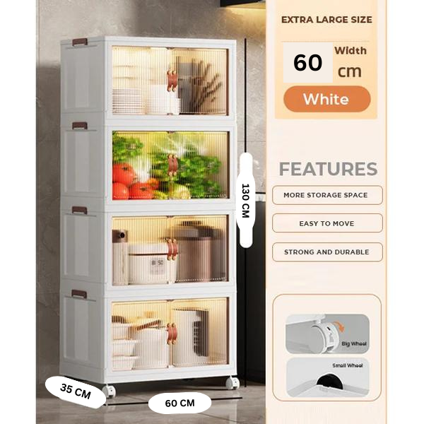 Foldable Storage Cabinet 4 Layer. Stackable Portable Storage Cabinet with Movable Wheels