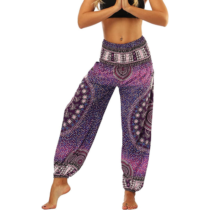 Women's Boho Pants Harem Smocked Waist Yoga Hippie Palazzo Summer Beach Pants