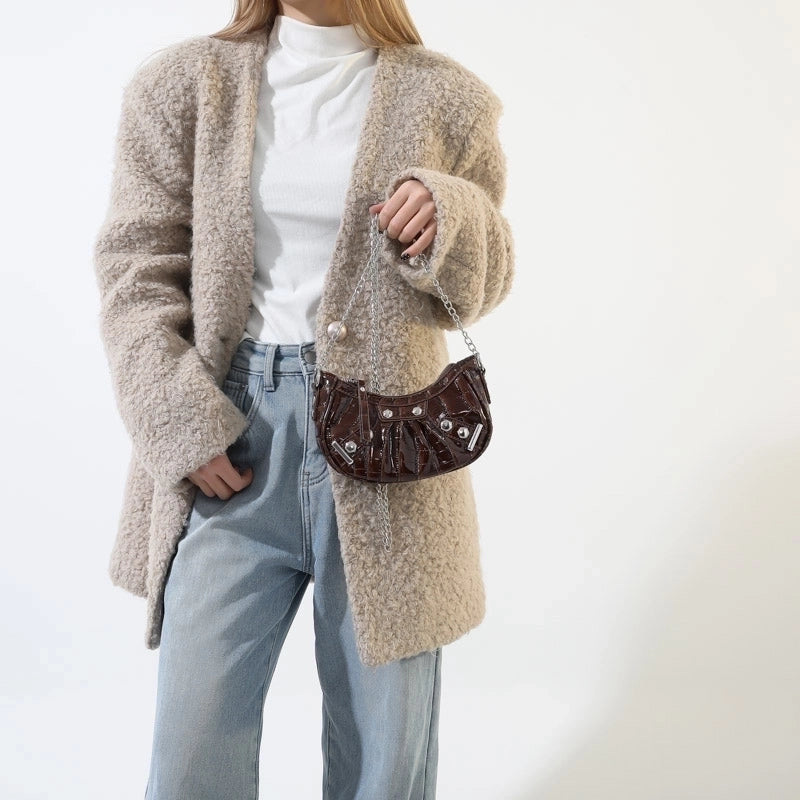 Women's Pu Leather Solid Color Classic Style Sewing Thread Dumpling Shape Zipper Shoulder Bag