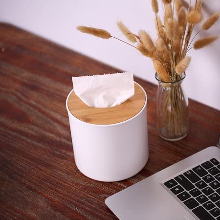 Wooden Cover Plastic Tissue Holder. Anti-Slid Base Wide Opening Tissue Organizer Box (White Color)