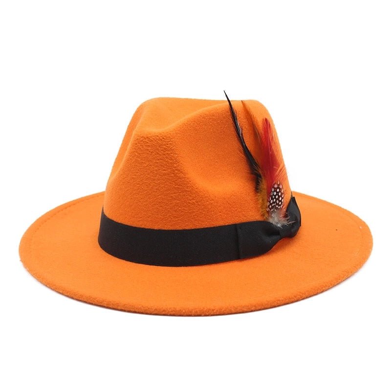 Bow Feather Top Hat Autumn And Winter Big Brim Hat Fashionable Men's And Women's Cashmere Felt Hat Style New Hats