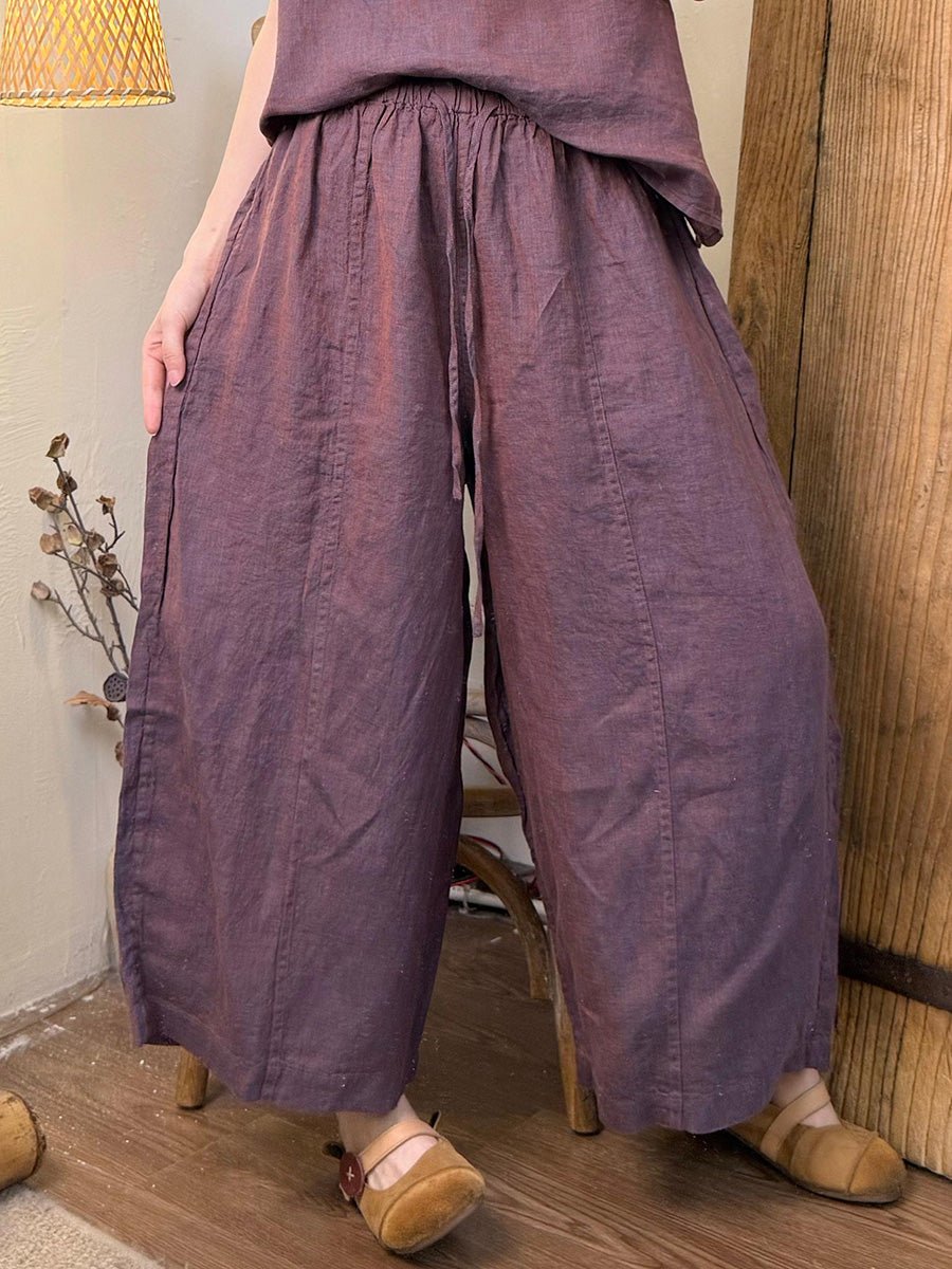Women Summer Retro Pure Color Linen Wide-leg Shorts