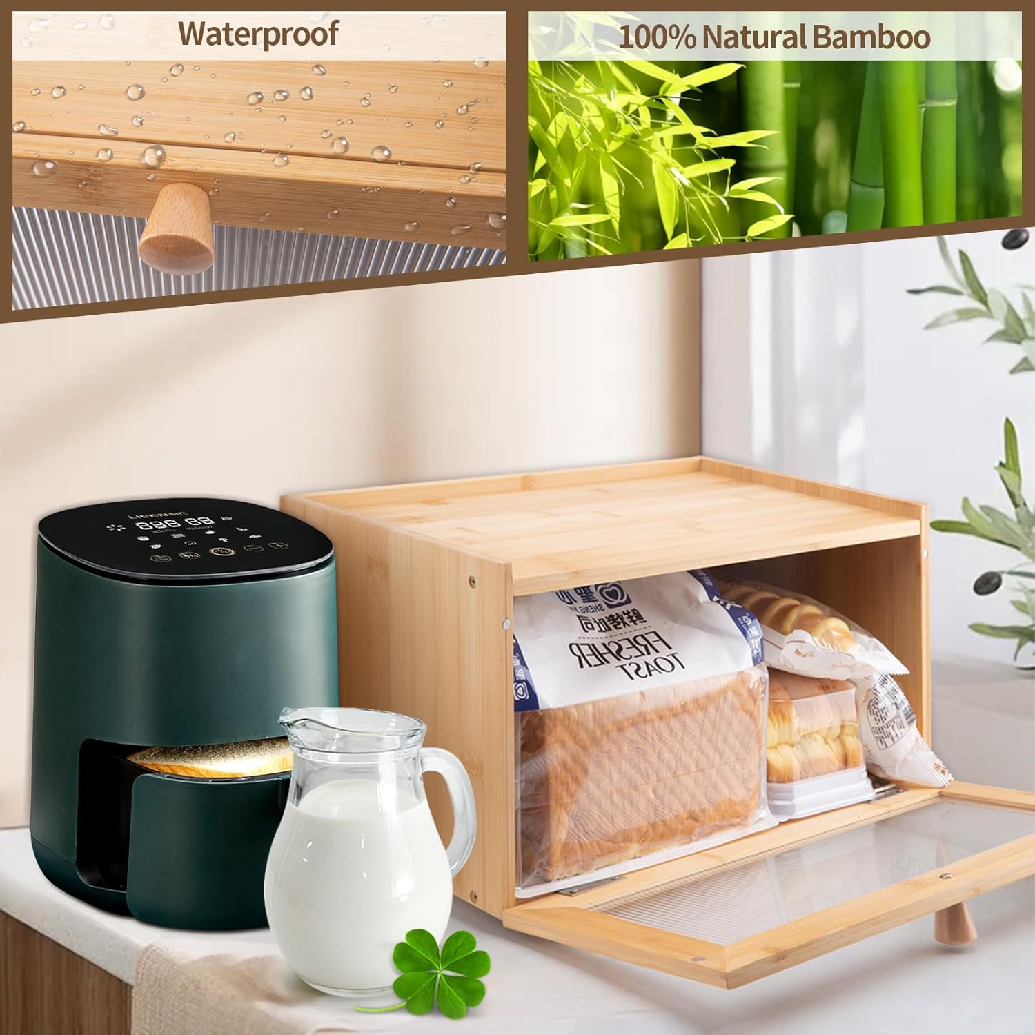 Large Bread Box Bread Basket Kitchen Counter Organizer - Roll Top Bread Box - Bread Box For Kitchen Countertop - Bamboo Wooden Boxes (Natural)