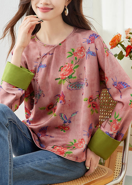 Vintage Plus Size Pink O Neck Print Shirt Top Spring