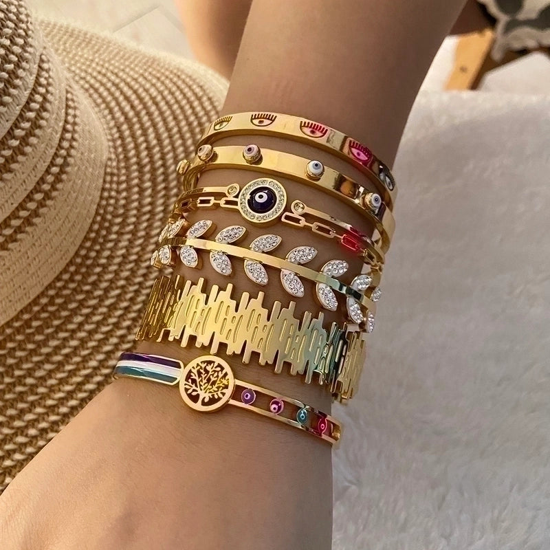 Casual Tree Leaves Eye Stainless Steel 18K Gold Plated Zircon Bangle In Bulk