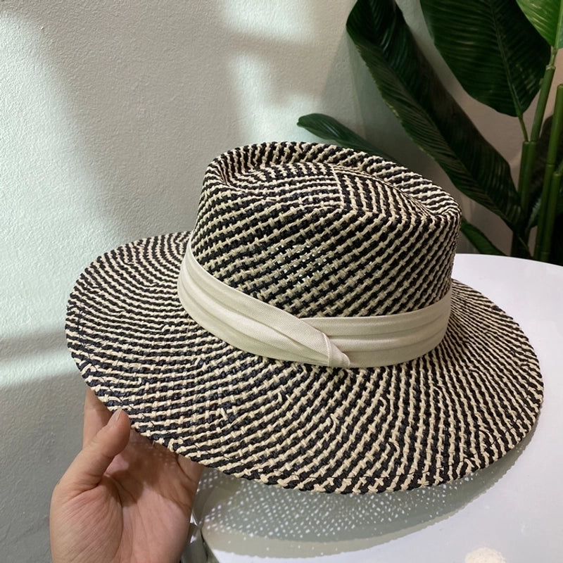 Women's Retro French Style Color Block Straps Wide Eaves Straw Hat