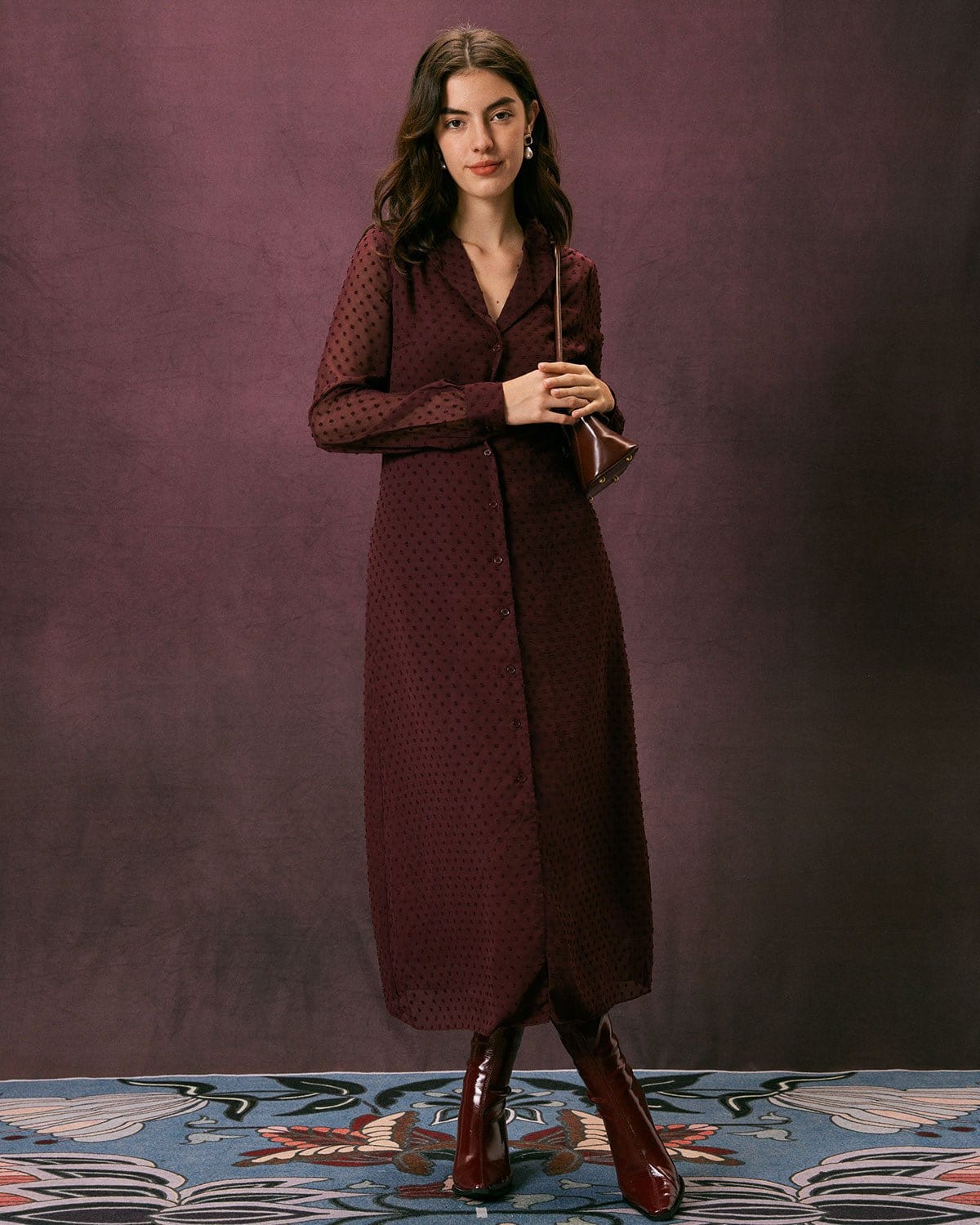 The Dark Red Lapel Dobby Mesh Maxi Dress