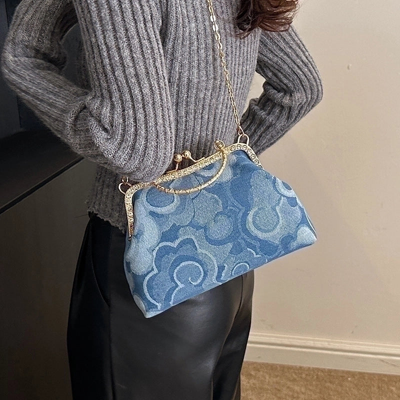 Women's Denim Flower Classic Style Sewing Thread Shell Clasp Frame Handbag
