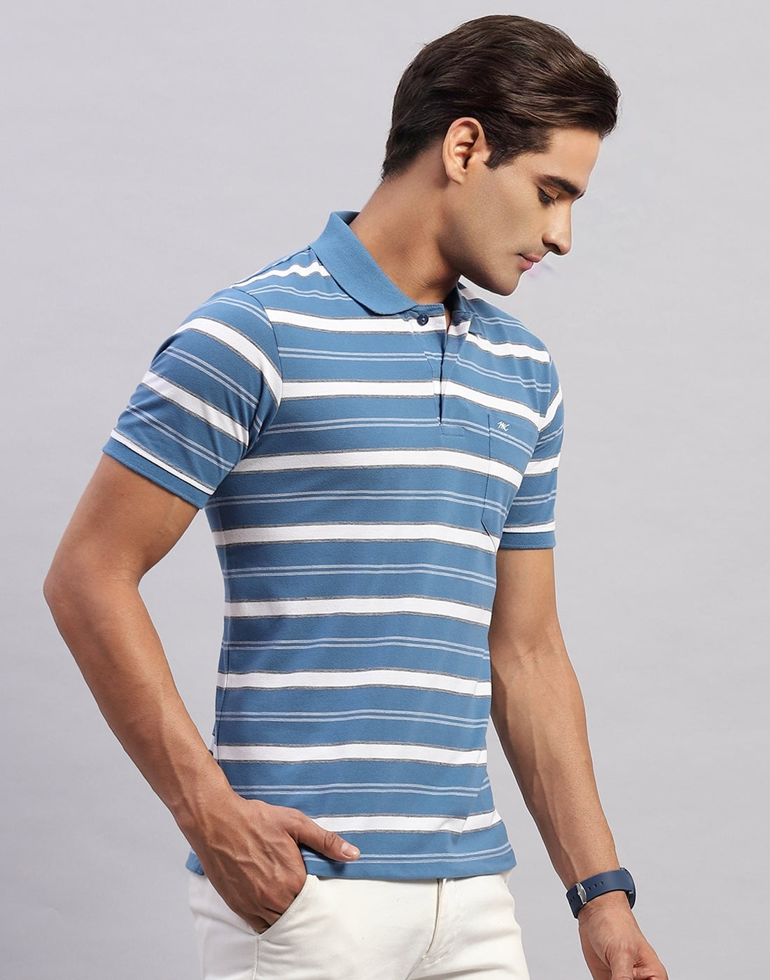 Men Blue Stripe Polo Collar Half Sleeve T-Shirt