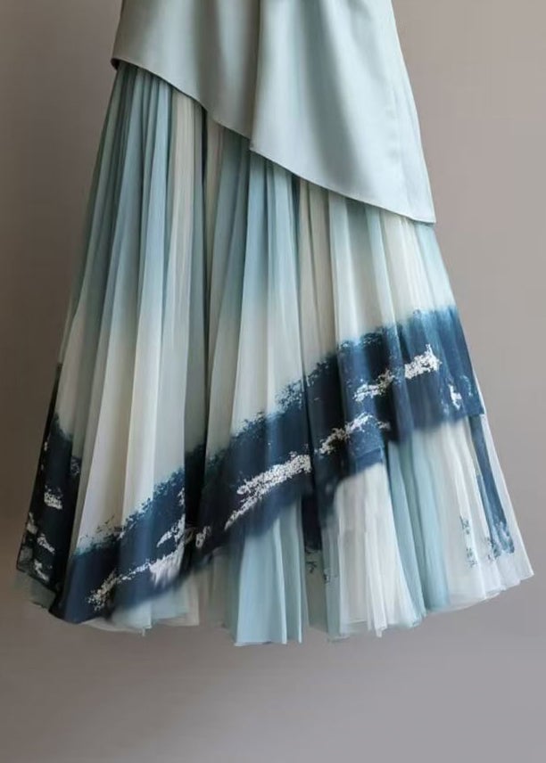 New Blue Wrinkled Patchwork Chiffon Skirt Summer