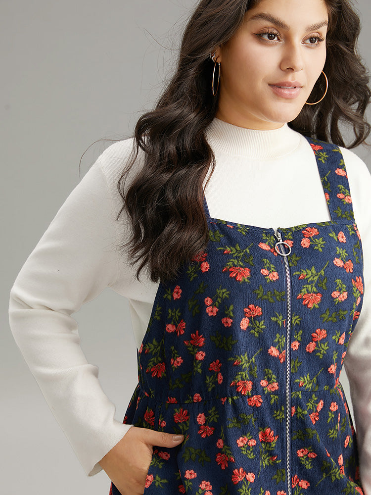 Ditsy Floral Corduroy Pocket Zipper Fly Cami Dress
