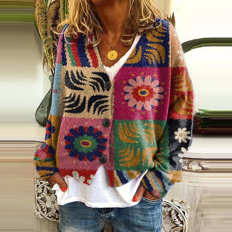 Vintage Printed V-Neck Long Sleeved Knitted Cardigan