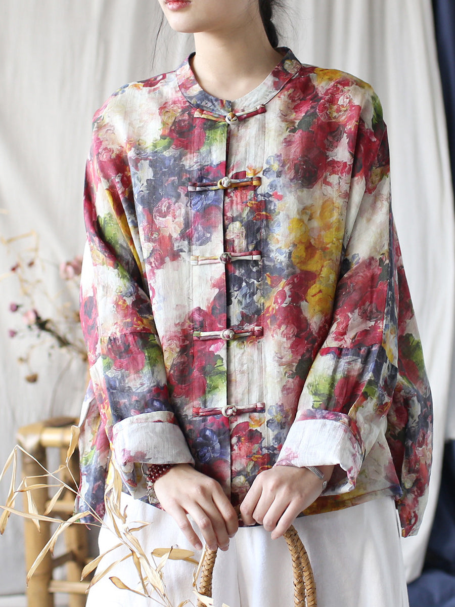Women Summer Ethnic Flower Ramie Shirt Coat