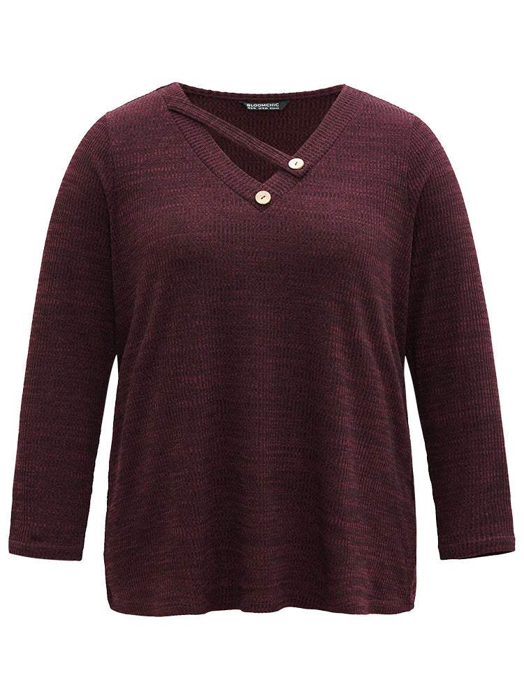 Solid Rib Knit Button Detail T-shirt