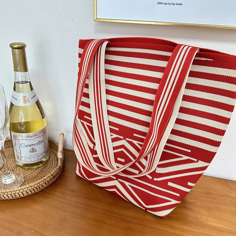 New Niche Retro Black And White Horizontal Solid Stripe Color Matching Shoulder Bag Practical Environmental Protection Portable Underarm Bag Women's Bag