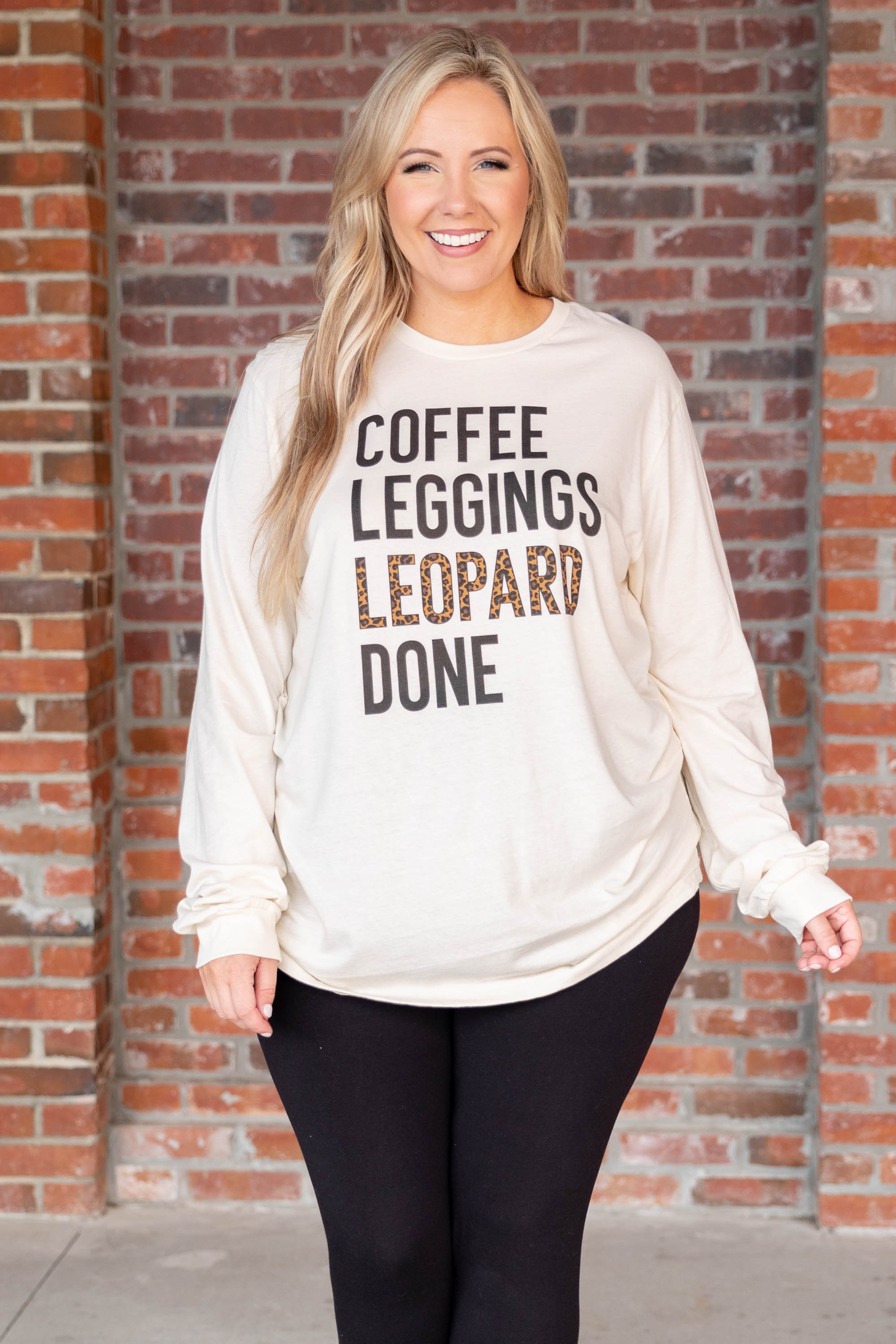 Coffee. Leggings. and Leopard Top. Natural