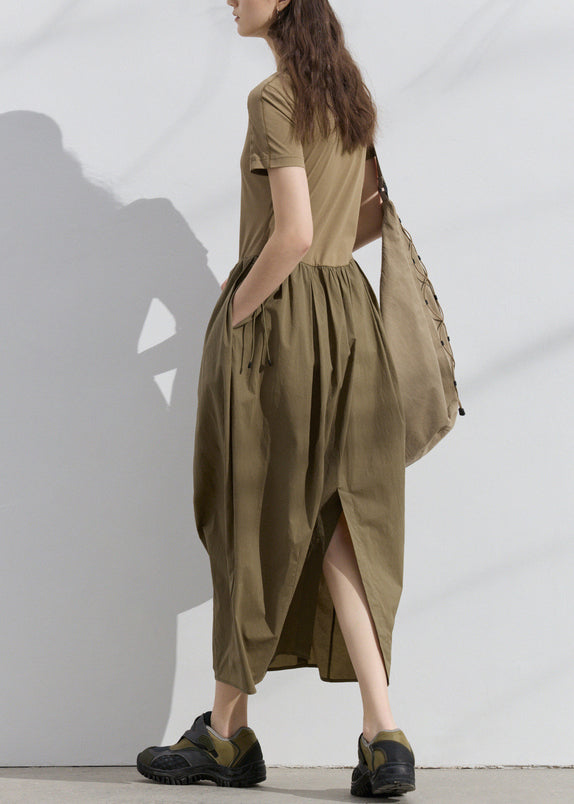 New Dark Khaki Pockets Wrinkled Patchwork Cotton Dresses Summer